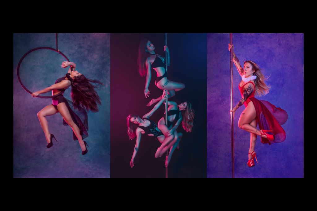 posed aerialist photo, hanging on aerial hoop, long hair, black outfit, black high heels, three posed pole dancers on pole, black outfits, posed pole dancer photo, red outfit, white collar, red high heels